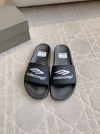 Balenciaga black slide sandals, wide strap with logo on each footbed