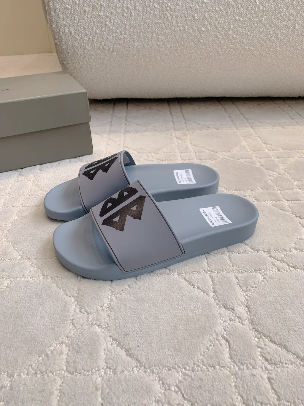 Balenciaga slide sandals, light blue with black logo wide strap and open toe