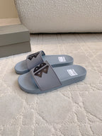 Balenciaga slide sandals, light blue with black logo wide strap and open toe