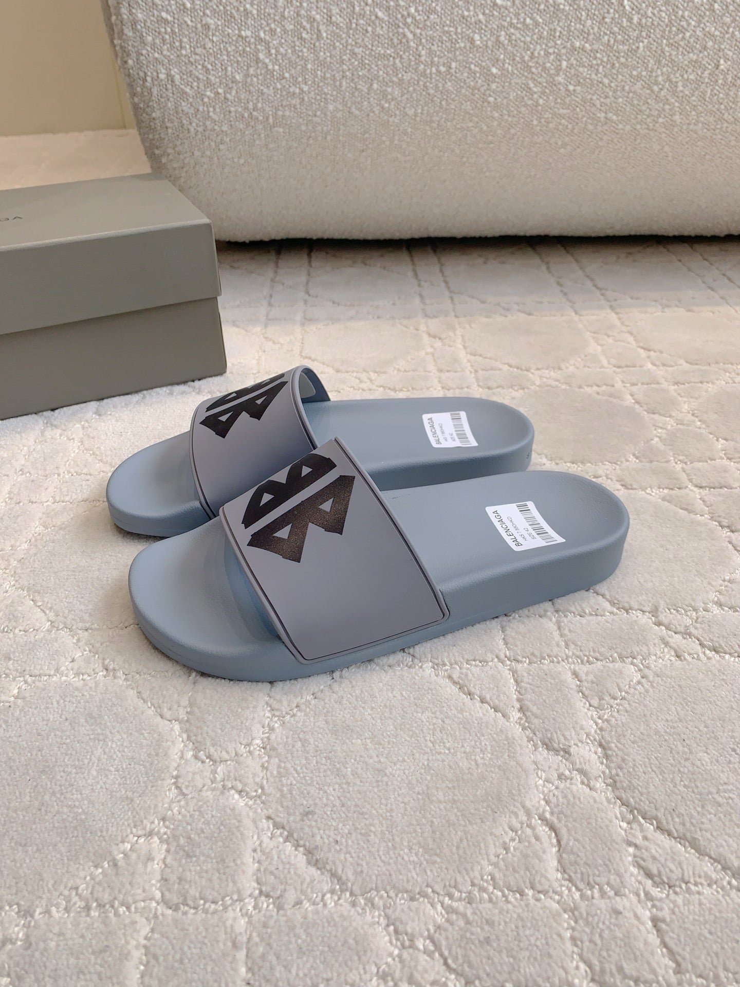 Balenciaga slide sandals, light blue with black logo wide strap and open toe