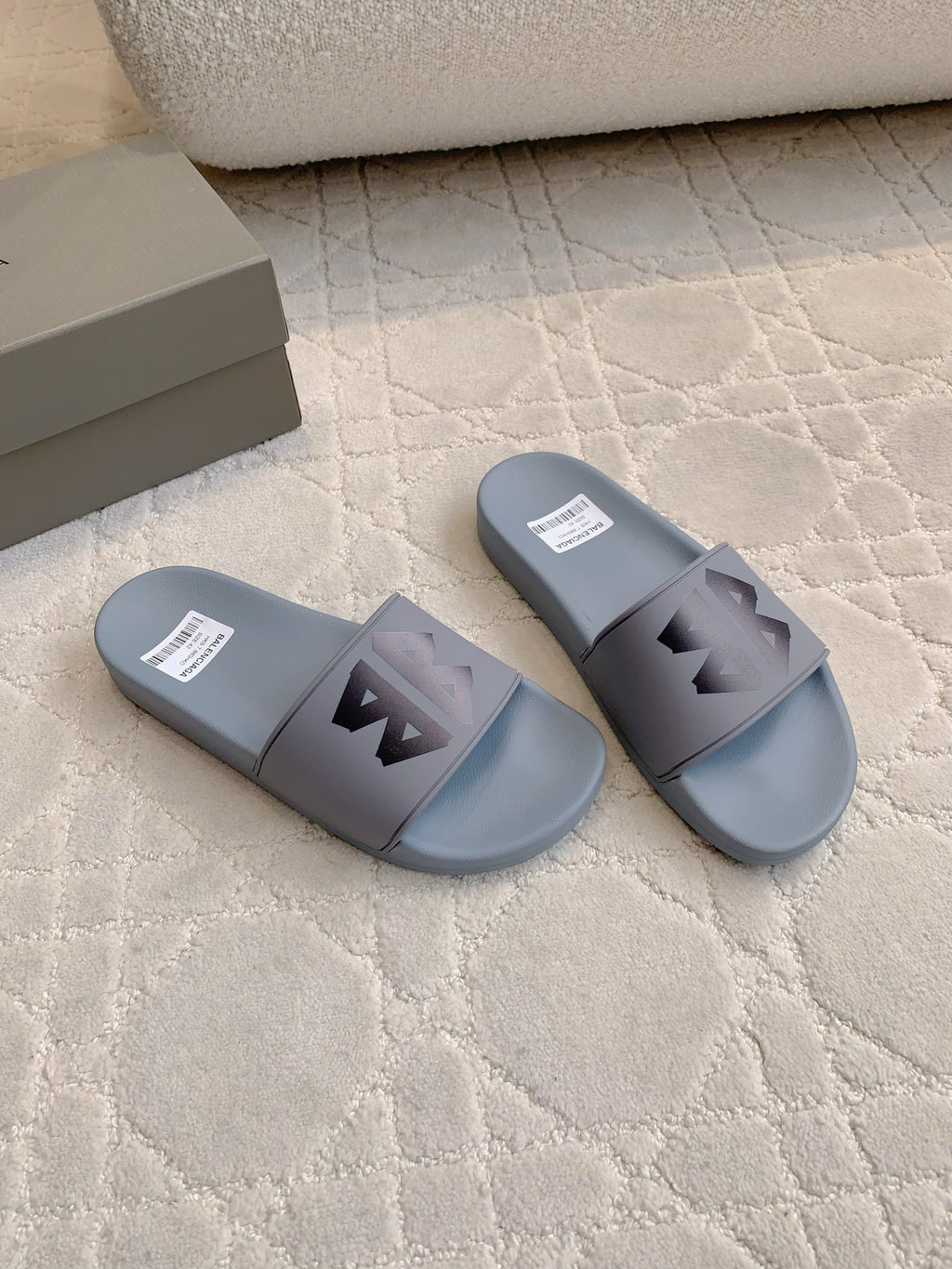 Balenciaga slide sandals, light blue with black logo patch on front strap