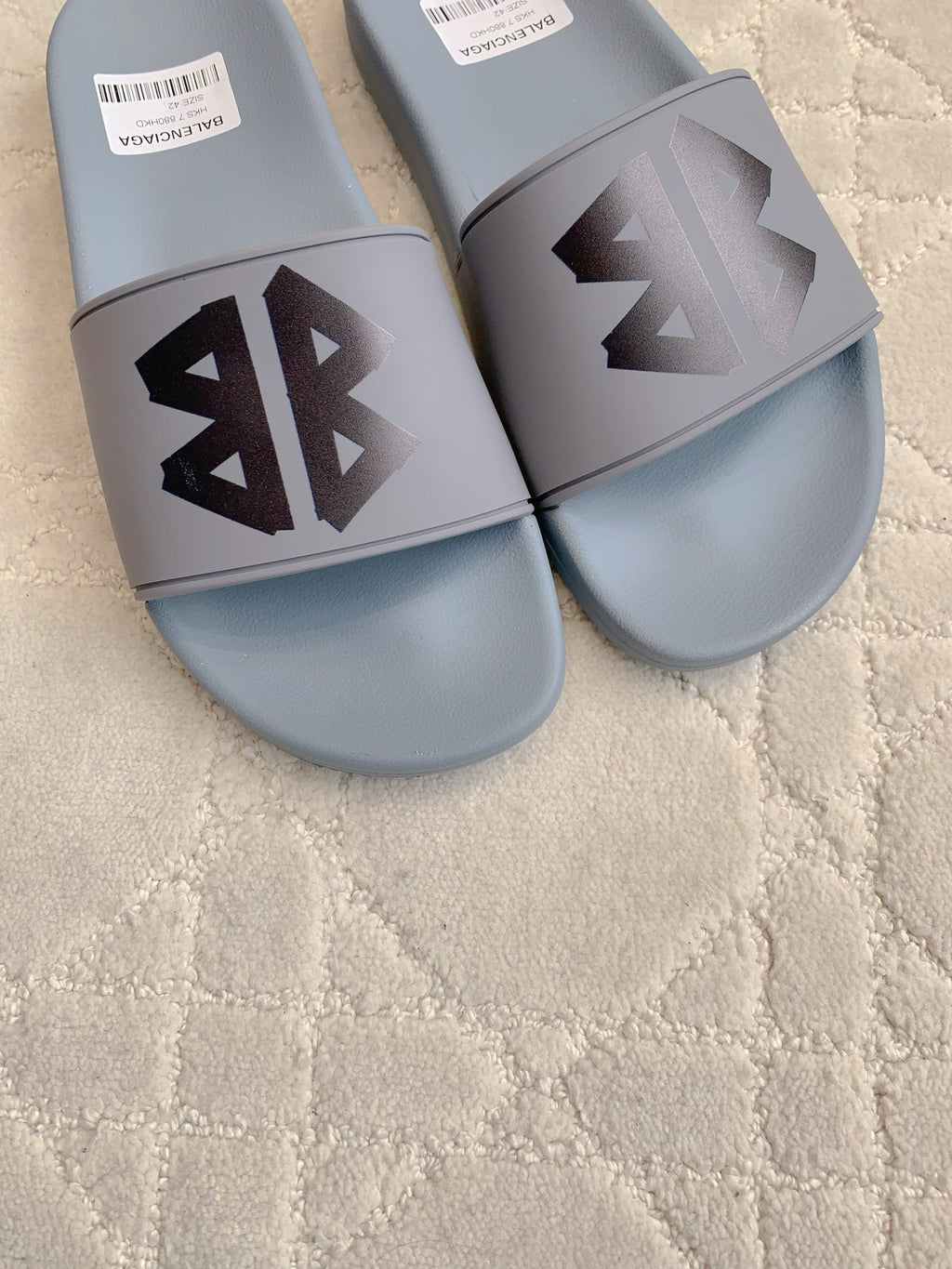 Balenciaga slide sandals, light blue with black logo on front cross strap