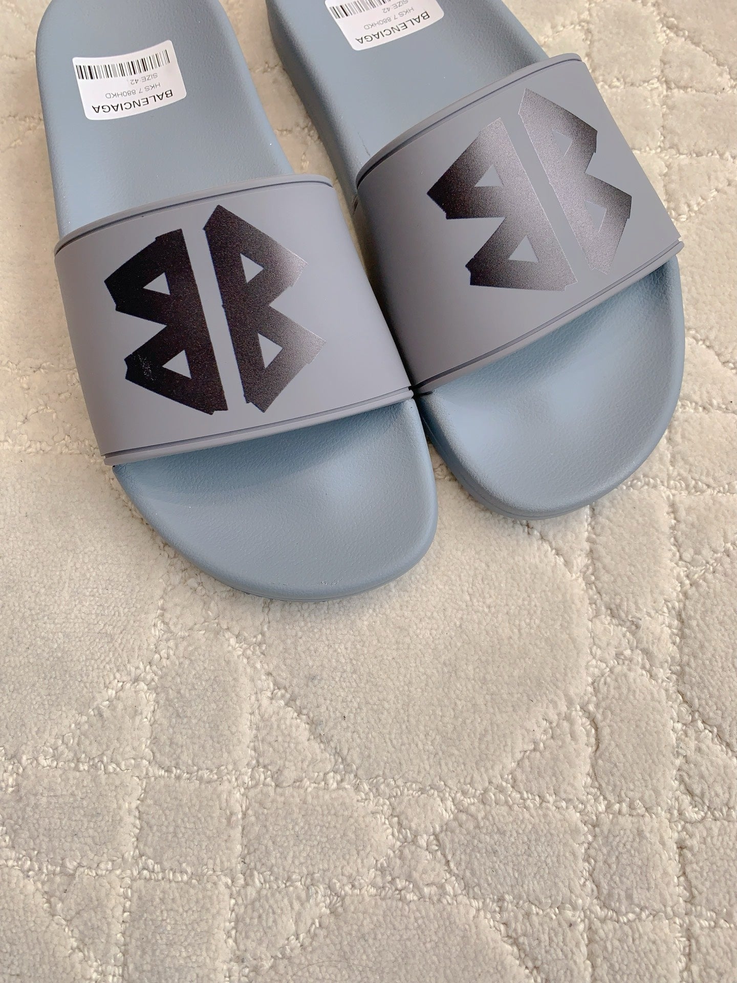 Balenciaga slide sandals, light blue with black logo on front cross strap