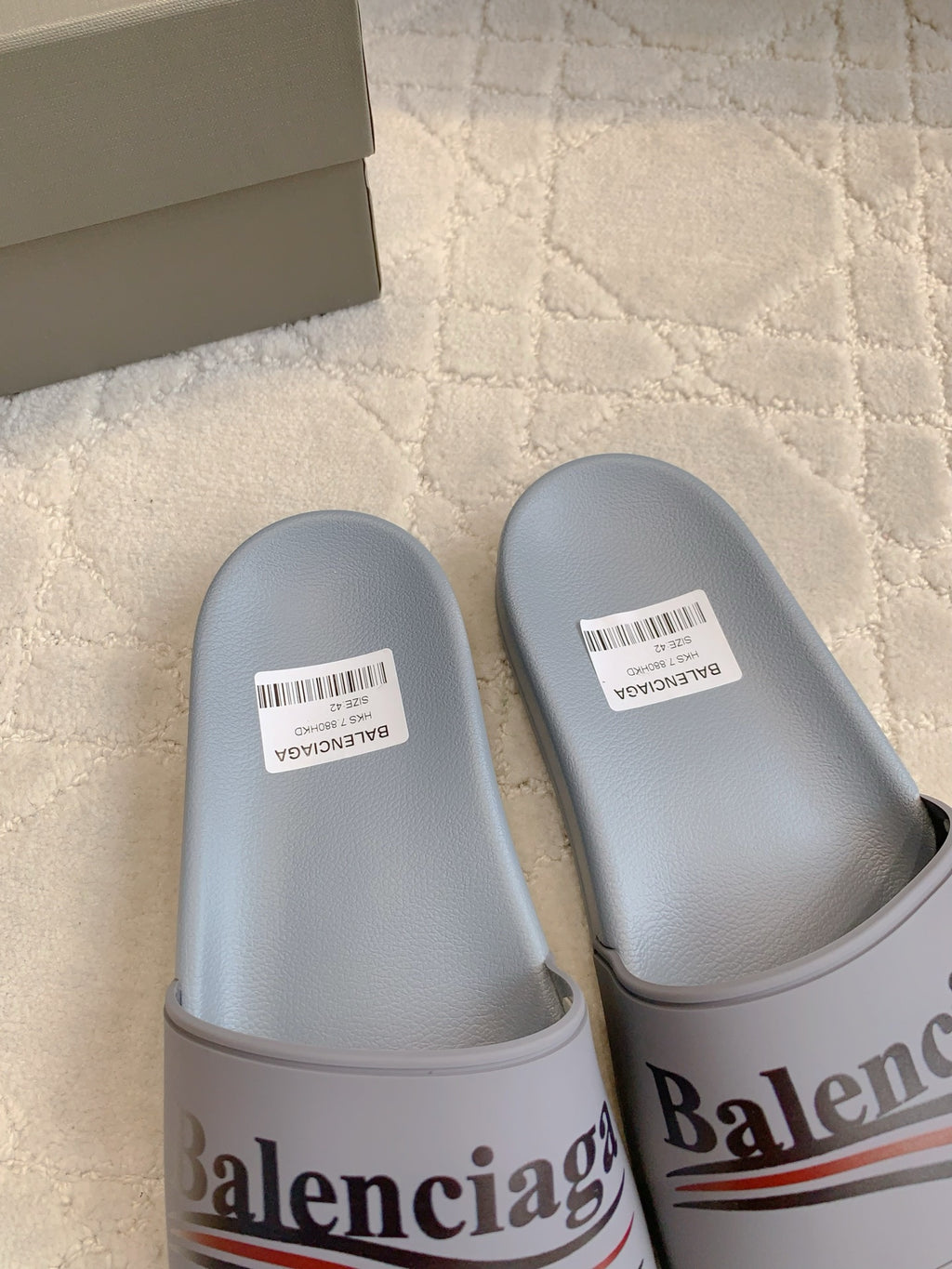 Balenciaga slide sandals with Balenciaga logo strap, light blue-gray slip-on