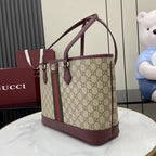 Gucci tote bag in GG canvas with burgundy handles and green-red web stripe across center