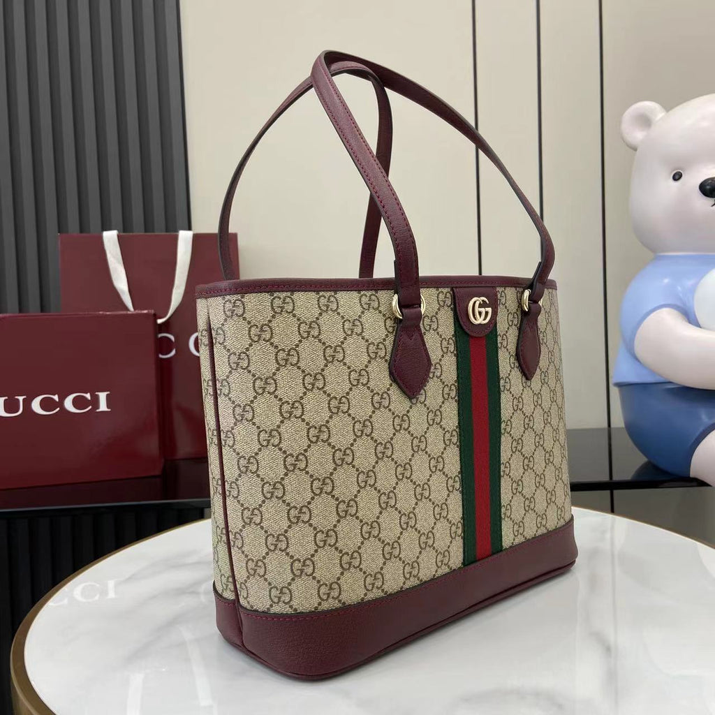 Gucci tote bag, GG canvas with burgundy leather base and handles, green-red stripe detail