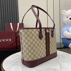 Gucci tote bag, GG canvas with burgundy leather base and handles, green-red stripe detail