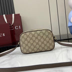 Gucci crossbody bag, beige GG canvas with top zip and brown leather trim