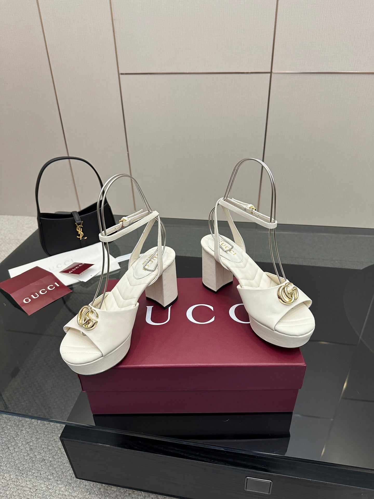 Gucci women's white heeled platform sandals with gold logo buckle and block heel