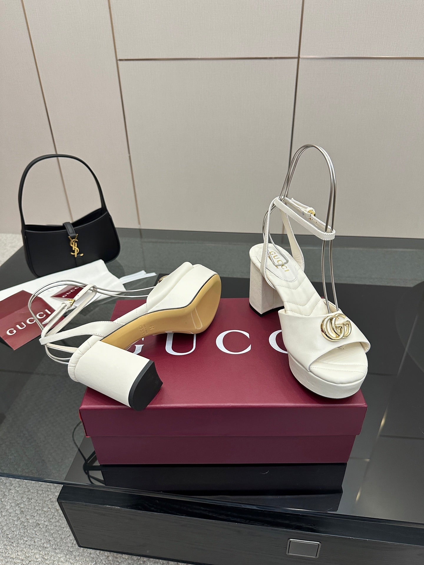 Gucci women's white heeled platform sandals with gold logo buckle and back ankle straps