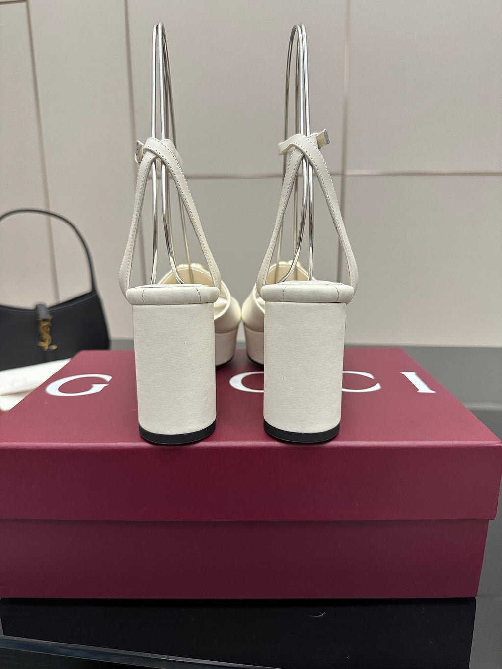 Gucci women's white slingback sandals with tall block heel and adjustable ankle straps