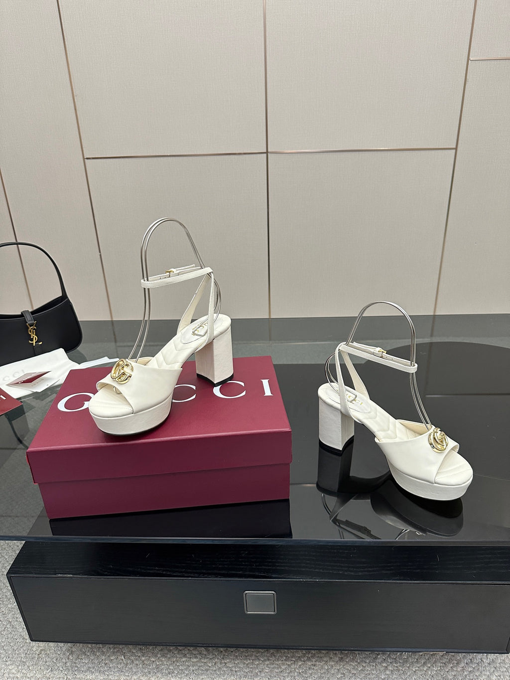 Gucci women's white platform sandals with gold logo buckle and block heel