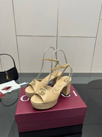 Women's cream slingback platform sandals with gold-tone Gucci emblem buckles