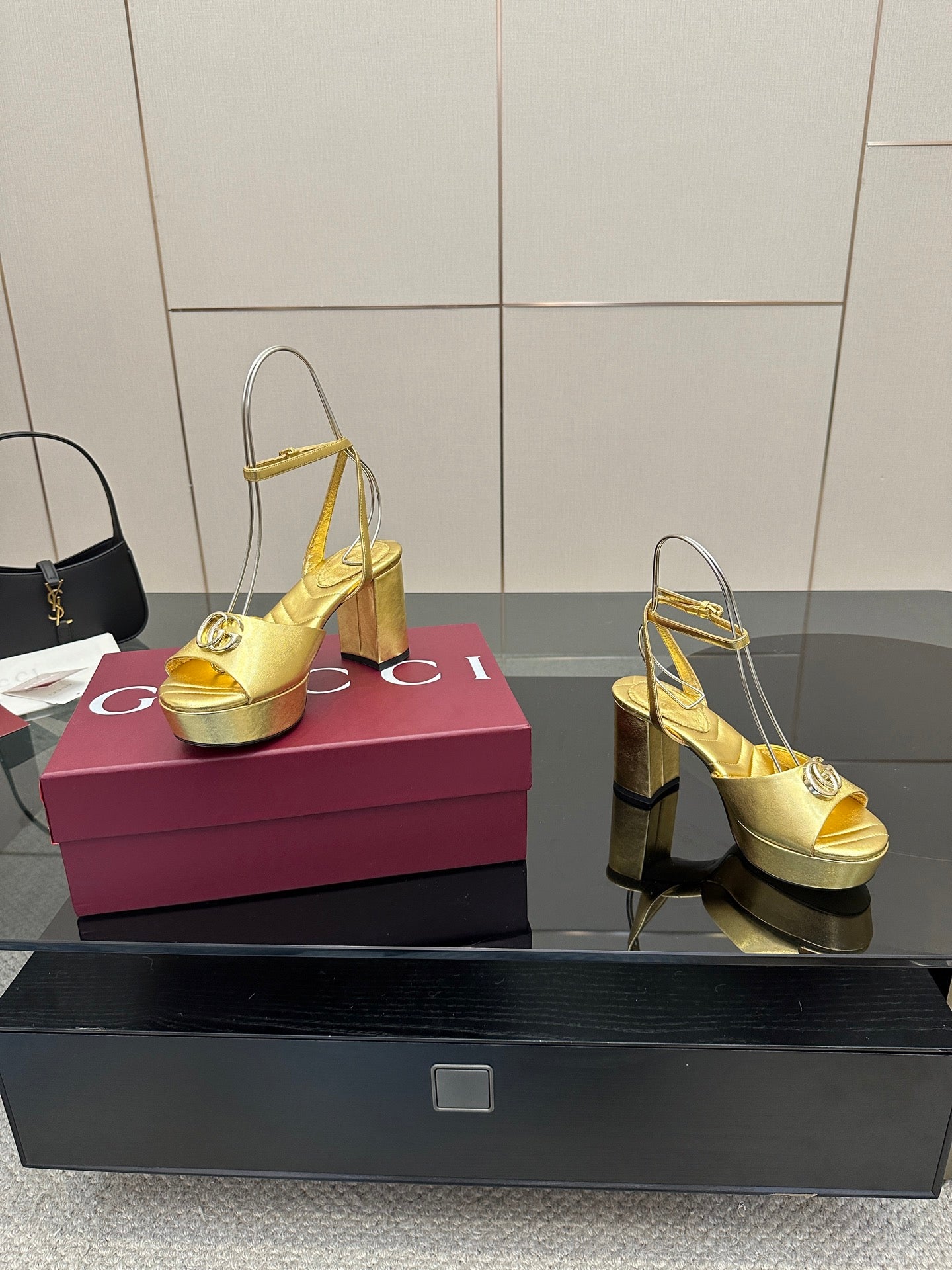 Gucci metallic gold platform heeled sandals with peep toe and ankle sling straps
