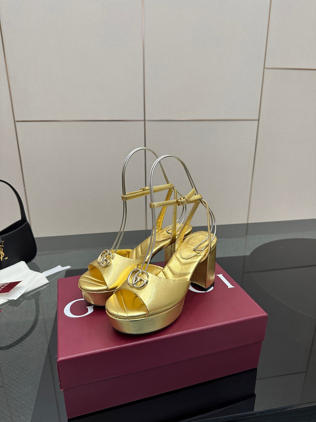 Gucci metallic gold platform heeled sandals with logo strap and block heel