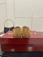 Gucci ladies loafers in tan patterned fabric with gold-tone hardware, back view