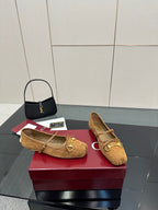 Gucci ladies loafers in tan with strap and gold-tone horsebit hardware, side view