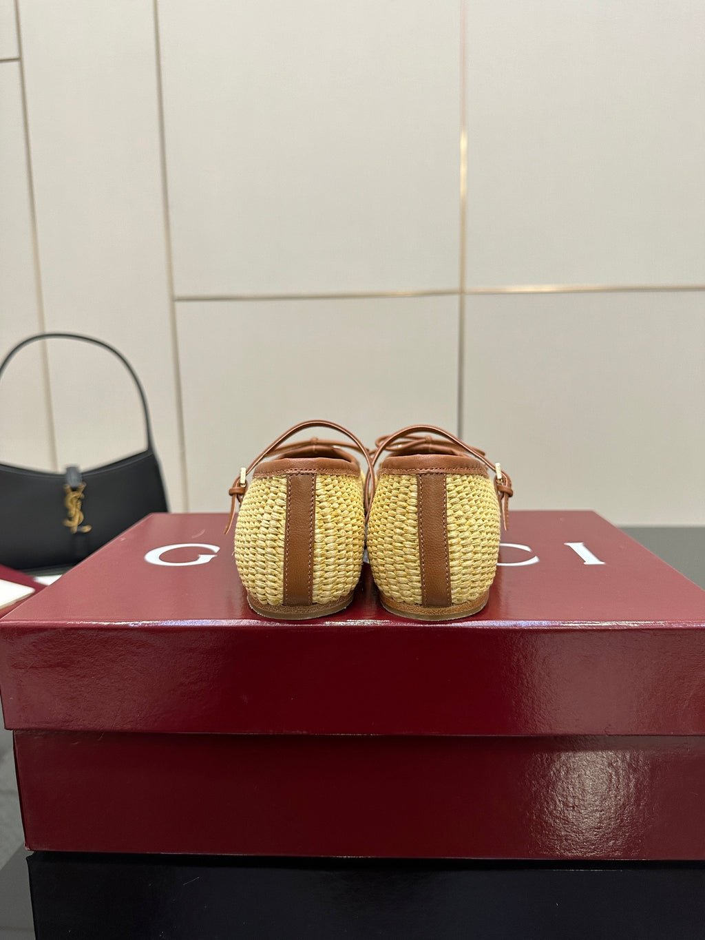 Gucci ladies woven loafers in yellow with brown trim, rear view pair