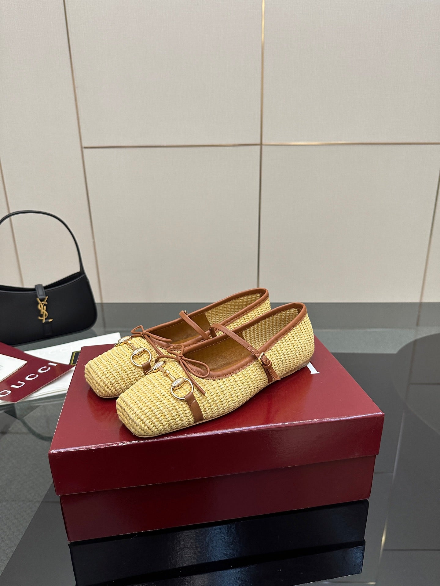Gucci ladies woven loafers in yellow with brown trim, side view single pair