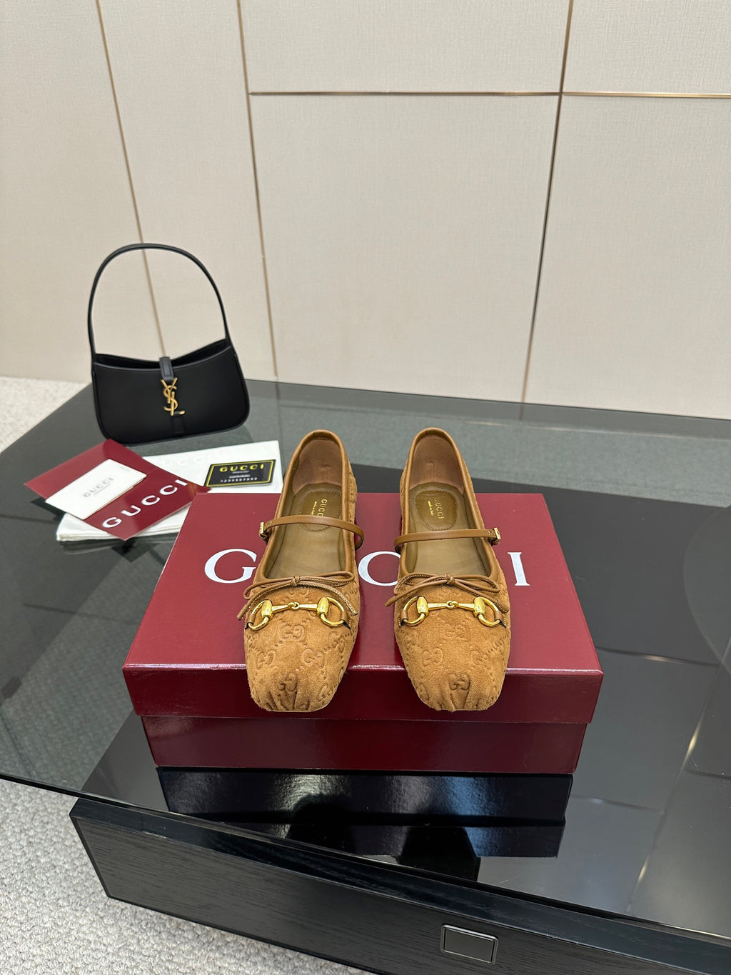 Gucci ladies loafers in tan patterned fabric with gold-tone hardware bit detail