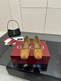Gucci ladies loafers in tan patterned fabric with gold-tone hardware bit detail