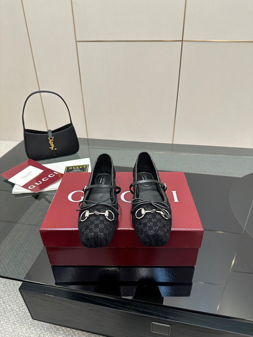 Gucci black flat loafers with Horsebit-style metal detail and patterned upper