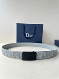 Dior belt with light gray patterned strap and dark navy rectangular buckle