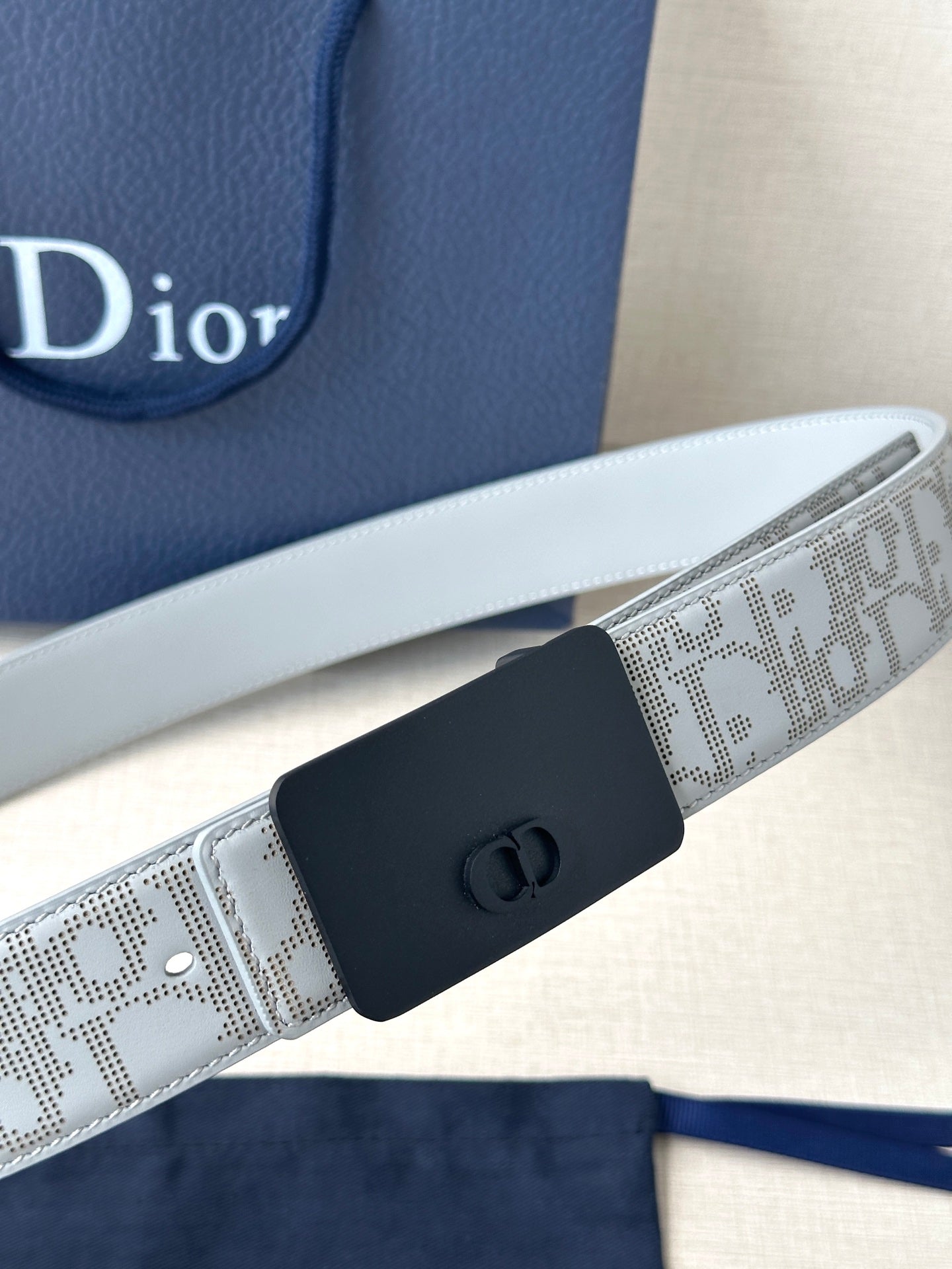 Dior belt close-up: light gray patterned strap with navy buckle