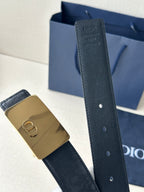 Dior belt strap detail with dark navy perforations and gold-toned buckle emblem
