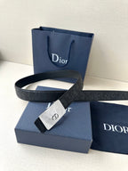 Dior belt with dark navy strap, silver-tone clasp buckle, and gift box
