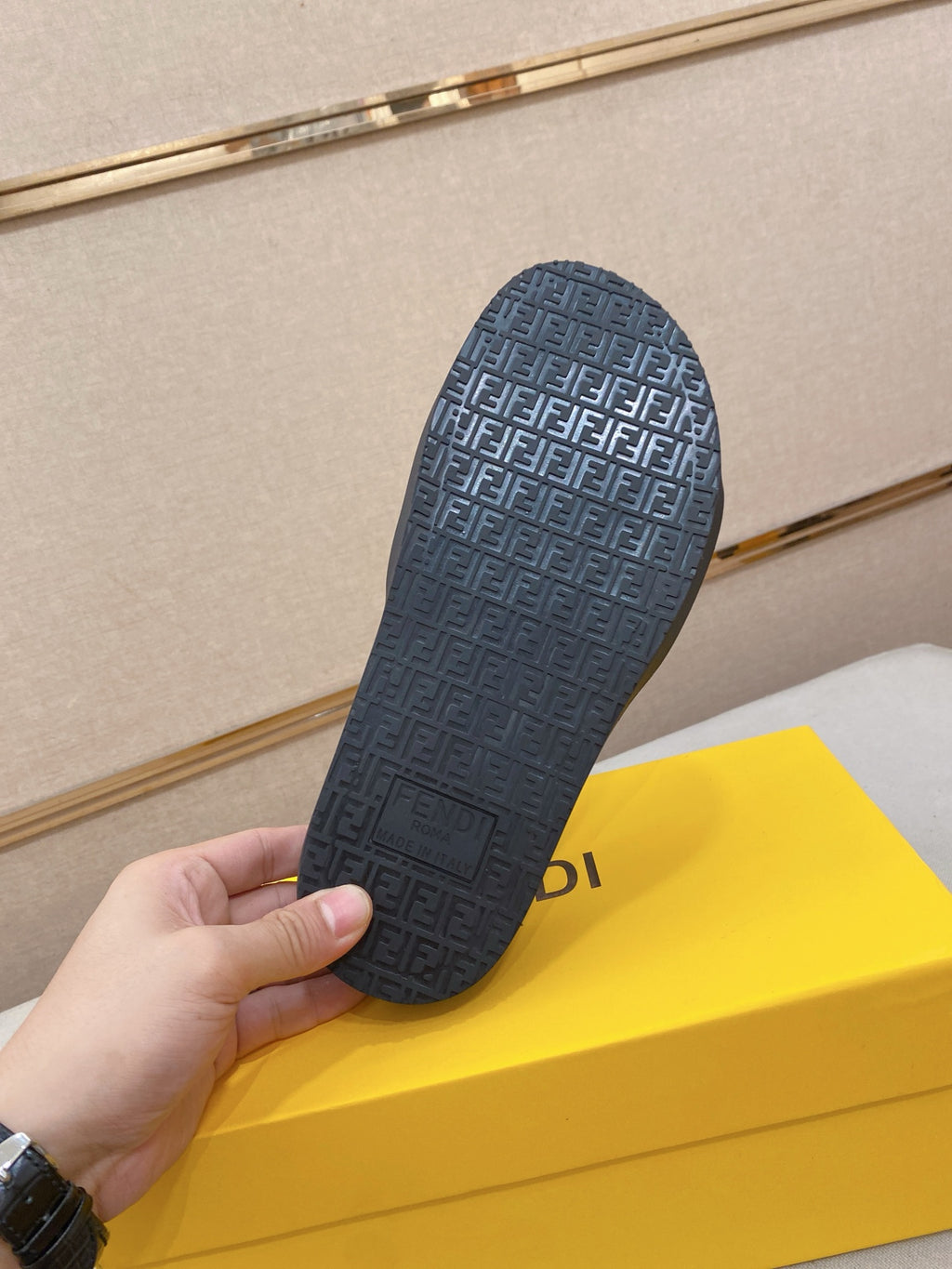Fendi slide sandals outsole in dark blue with textured logo pattern