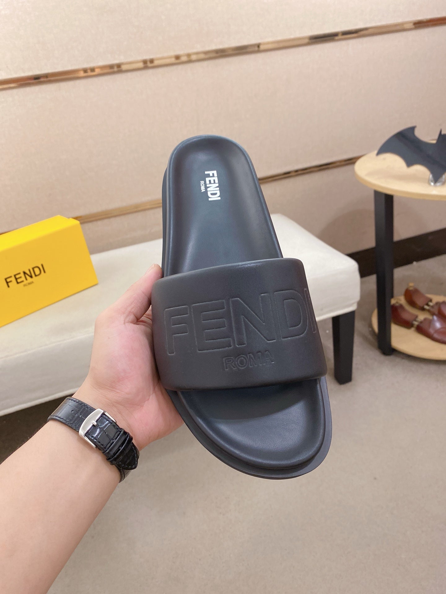 Fendi slide sandals, dark blue, with embossed strap detail and molded footbed