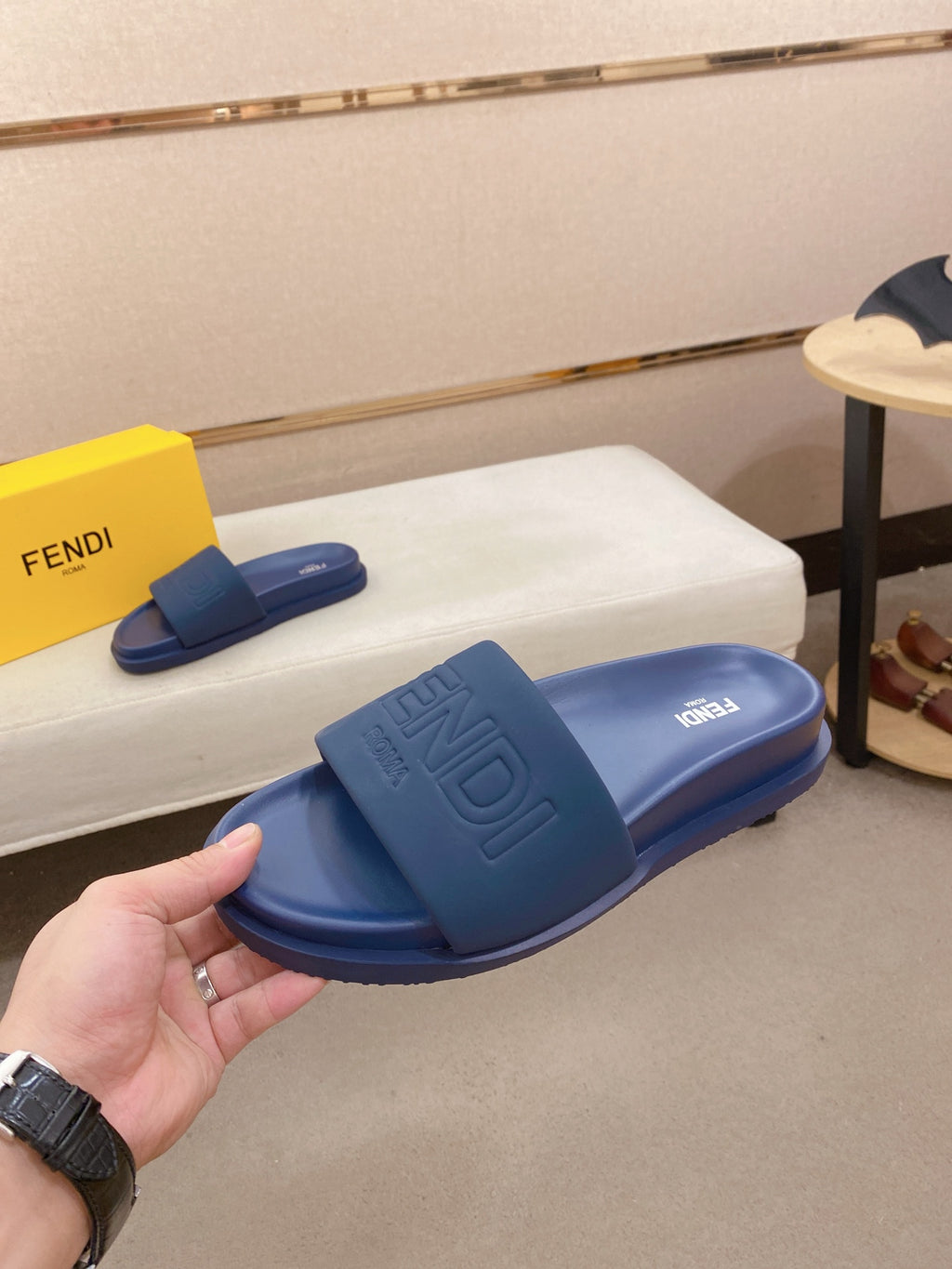 Fendi slide sandals, blue, front strap with embossed FENDI lettering