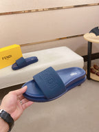 Fendi slide sandals, blue, front strap with embossed FENDI lettering