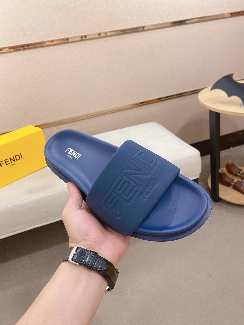 Fendi slide sandals, blue, wide strap with raised FENDI logo embossing
