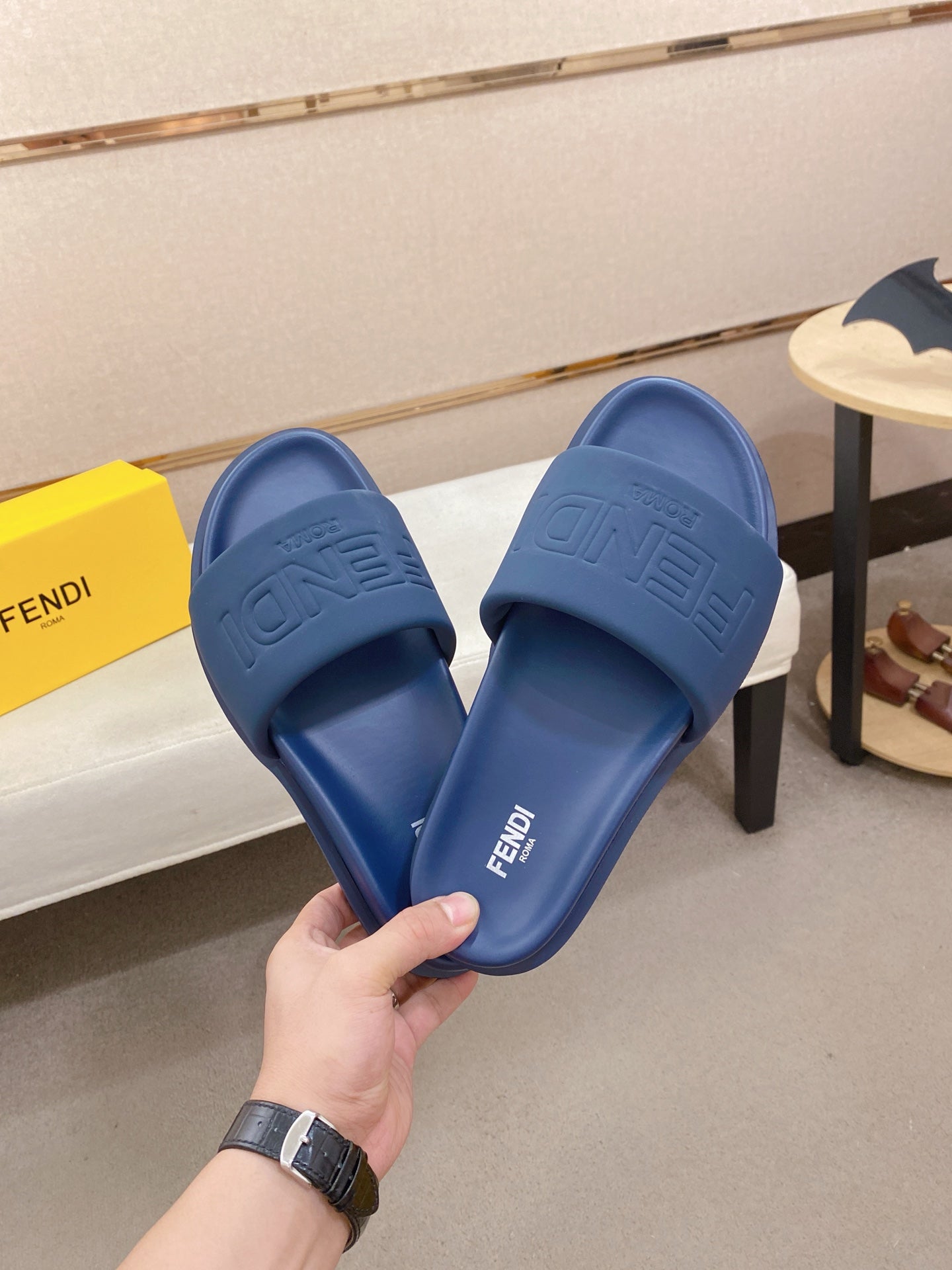 Fendi slide sandals, blue, pair with embossed FENDI logo on top straps