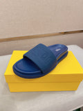 Fendi slide sandals in blue with wide embossed FENDI logo strap, open toe