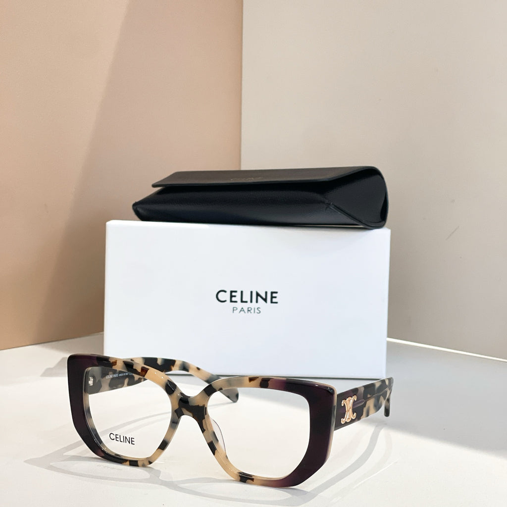 Celine glasses with tortoise square frames and gold logo on the temples