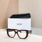 Celine glasses with dark brown square frames and gold logo on the temples