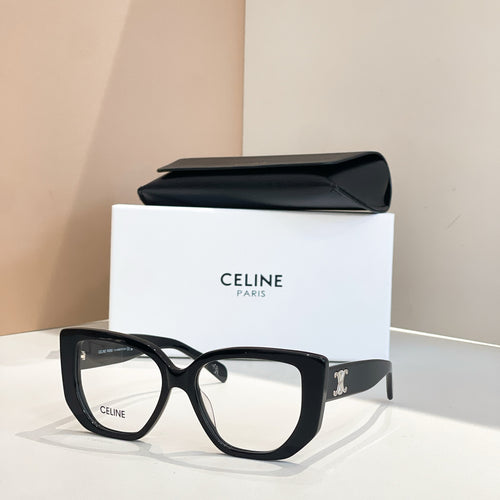 Celine glasses with black square frames and gold logo on the temples