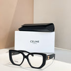 Celine glasses with black square frames and gold logo on the temples