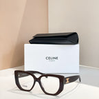 Celine glasses with dark brown square frames and gold logo on the temples