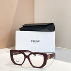 Celine glasses with burgundy square frames and gold logo on the temples