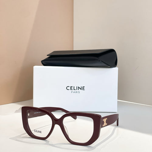 Celine glasses with burgundy square frames and gold logo on the temples