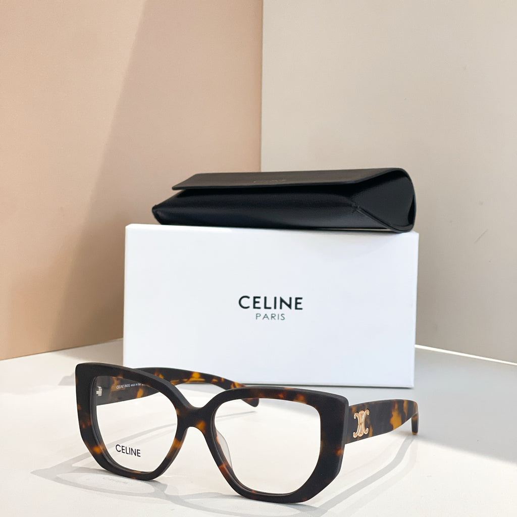 Celine glasses with black square frames and tortoise-pattern temples