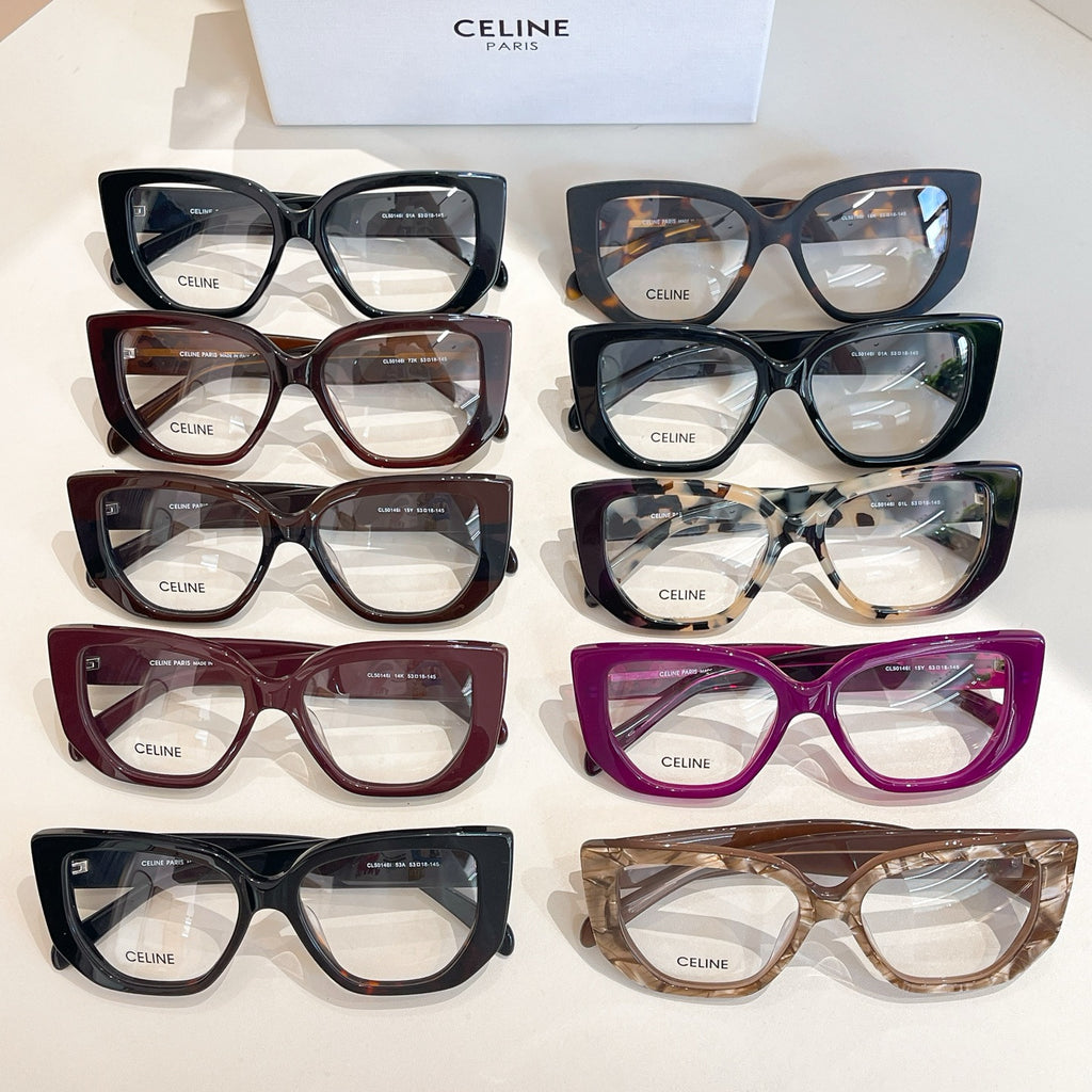 Assorted Celine eyeglasses: black, tortoise, burgundy, purple, and other colors