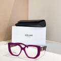 Purple square eyeglasses with logo on temples and clear lenses