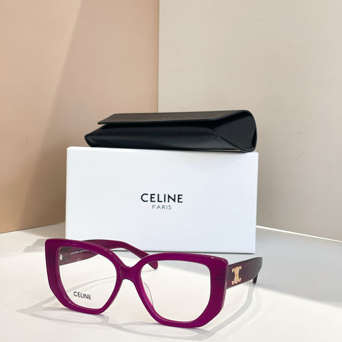 Purple square eyeglasses with logo on temples and clear lenses