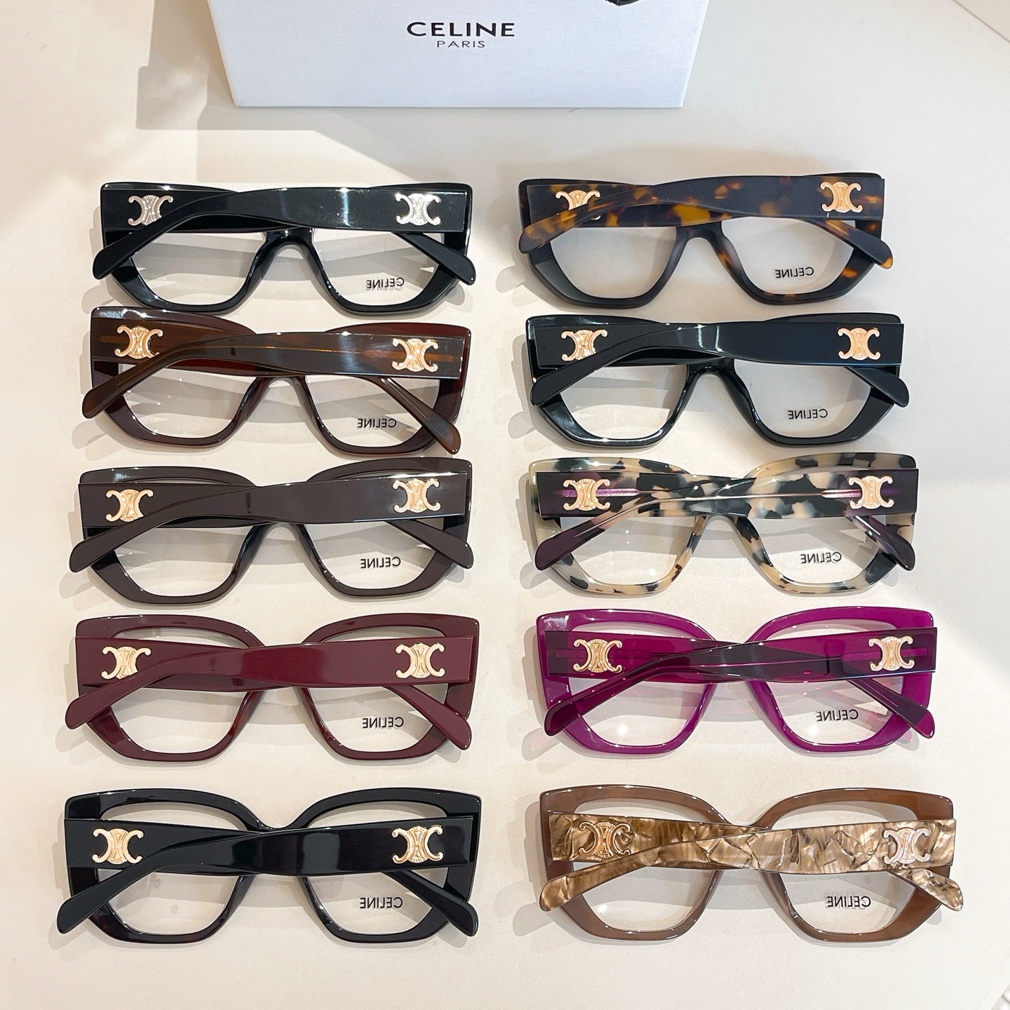 Assorted Celine eyeglasses: black, tortoise, maroon, purple, tan, multicolor