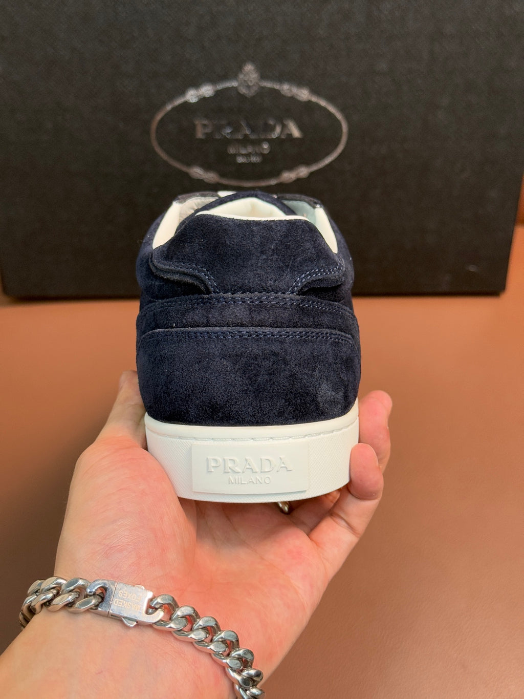 Prada unisex sneakers heel, navy suede with white heel tab and PRADA print